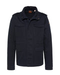 Marineblaue Militärjacke mit vier vorderen Klappentaschen, Schulterklappen sowie verdecktem Frontreißverschluss und Druckknöpfen.