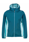Türkisfarbene und hellblaue Windbreaker-Jacke mit Kapuze, Reißverschluss vorne und mit Reißverschlüssen versehenen Seitentaschen. Hergestellt aus glattem, leichtem Material.
