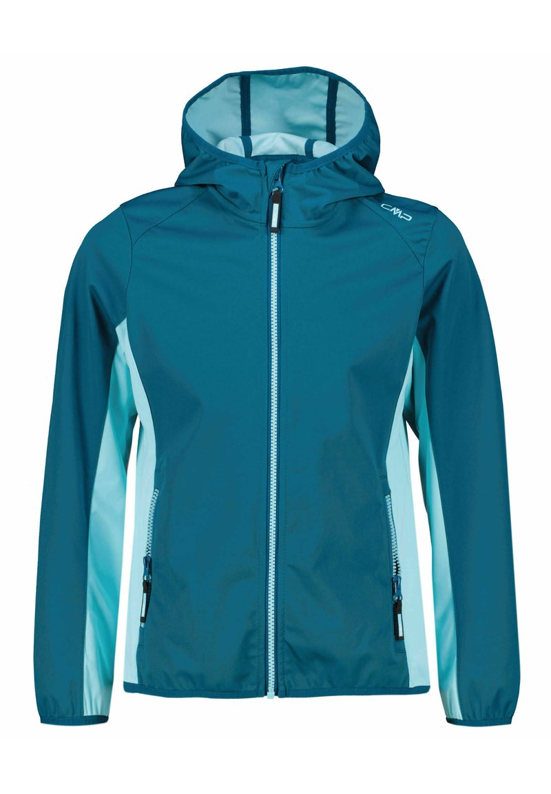 Türkisfarbene und hellblaue Windbreaker-Jacke mit Kapuze, Reißverschluss vorne und mit Reißverschlüssen versehenen Seitentaschen. Hergestellt aus glattem, leichtem Material.