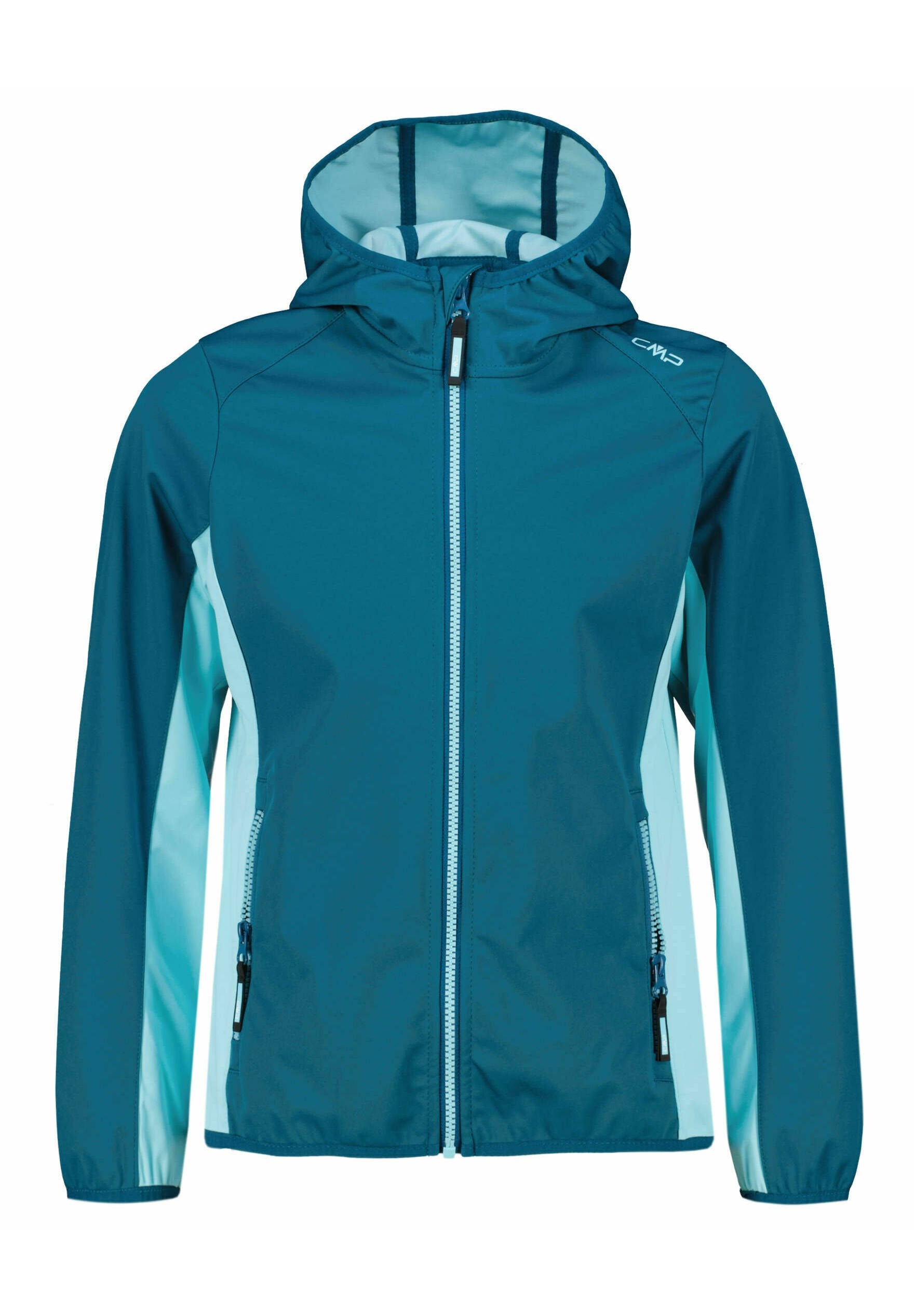 Türkisfarbene und hellblaue Windbreaker-Jacke mit Kapuze, Reißverschluss vorne und mit Reißverschlüssen versehenen Seitentaschen. Hergestellt aus glattem, leichtem Material.
