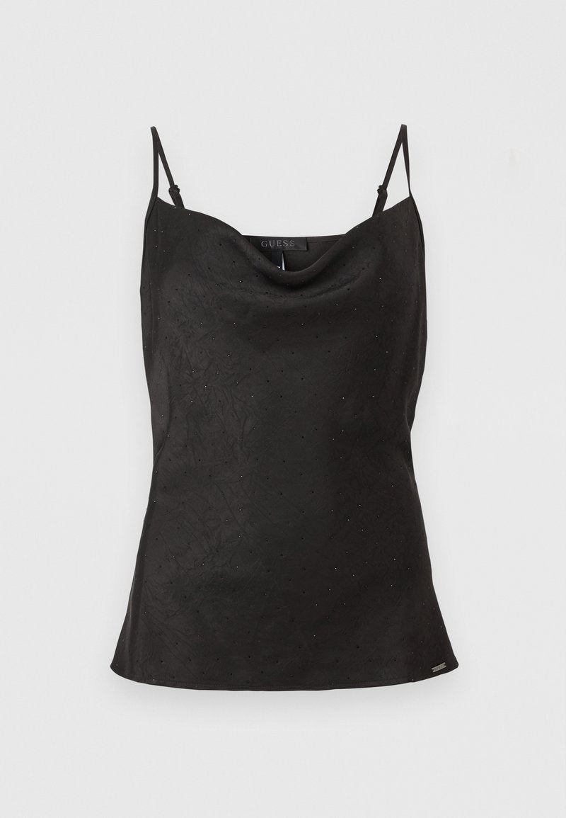 Schwarzes Satin-Cami-Top mit verstellbaren Trägern, Wasserfallausschnitt und dezentem, geometrischem Muster. Mit kleinen Verzierungen als Detail.