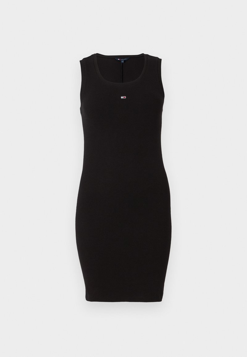 Schwarzes, ärmelloses Kleid mit taillierter Silhouette. Aus geripptem Stoff gefertigt, mit einem kleinen Logo auf der Brust und einem runden Ausschnitt.