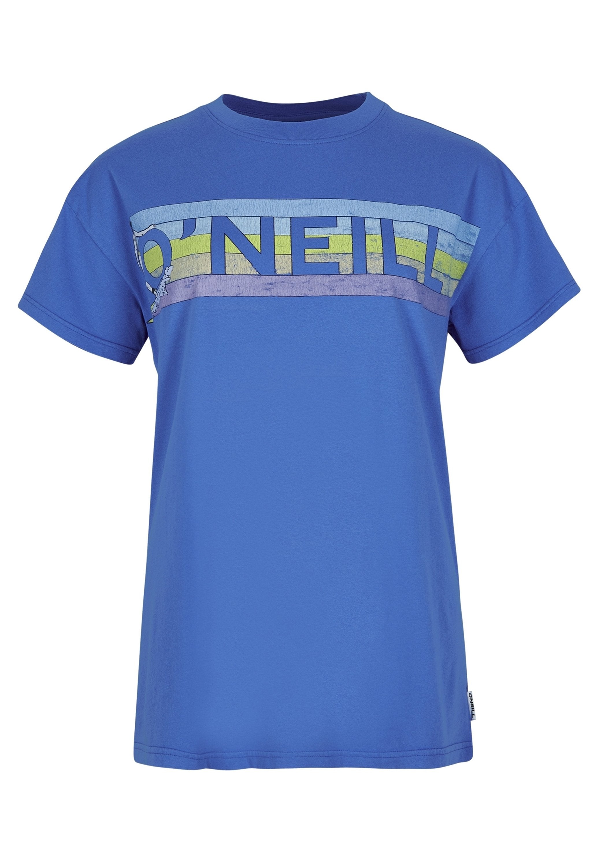 Blaues T-Shirt mit kurzen Ärmeln, das ein retro horizontal gestreiftes Design aufweist und mit dem Text "O'NEILL" über der Brust bedruckt ist.