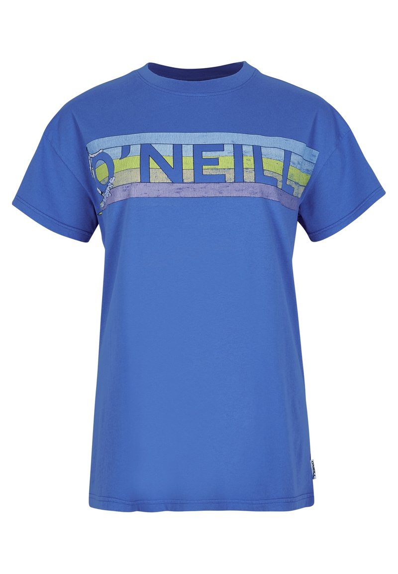 Blaues T-Shirt mit kurzen Ärmeln, das ein retro horizontal gestreiftes Design aufweist und mit dem Text "O'NEILL" über der Brust bedruckt ist.