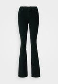 Schwarze Cordhosen mit weitem Bein in dunklem Grün. Sie verfügen über eine hohe Taille, ein Fünf-Taschen-Design, einen Frontknopfverschluss und eine vertikale Rippstruktur.