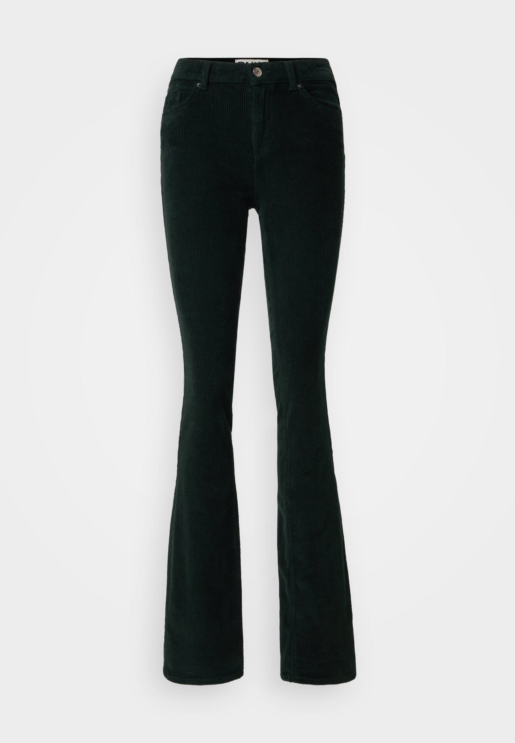 Schwarze Cordhosen mit weitem Bein in dunklem Grün. Sie verfügen über eine hohe Taille, ein Fünf-Taschen-Design, einen Frontknopfverschluss und eine vertikale Rippstruktur.