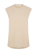Beige ärmelloses Top aus weichem Stoff, mit Rundhalsausschnitt und lockerer Passform. Der Saum ist leicht abgerundet und lässig im Stil.
