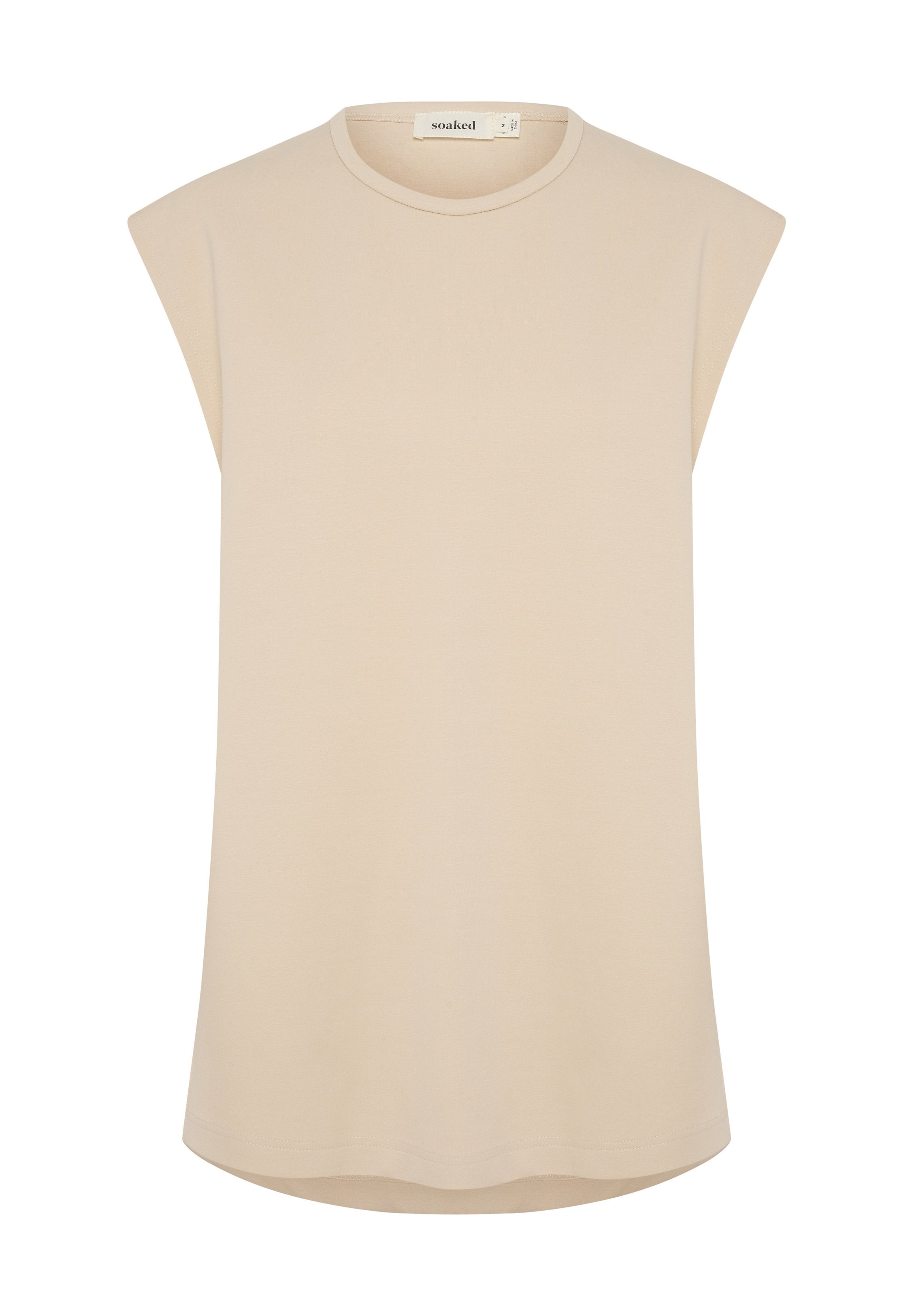 Beige ärmelloses Top aus weichem Stoff, mit Rundhalsausschnitt und lockerer Passform. Der Saum ist leicht abgerundet und lässig im Stil.