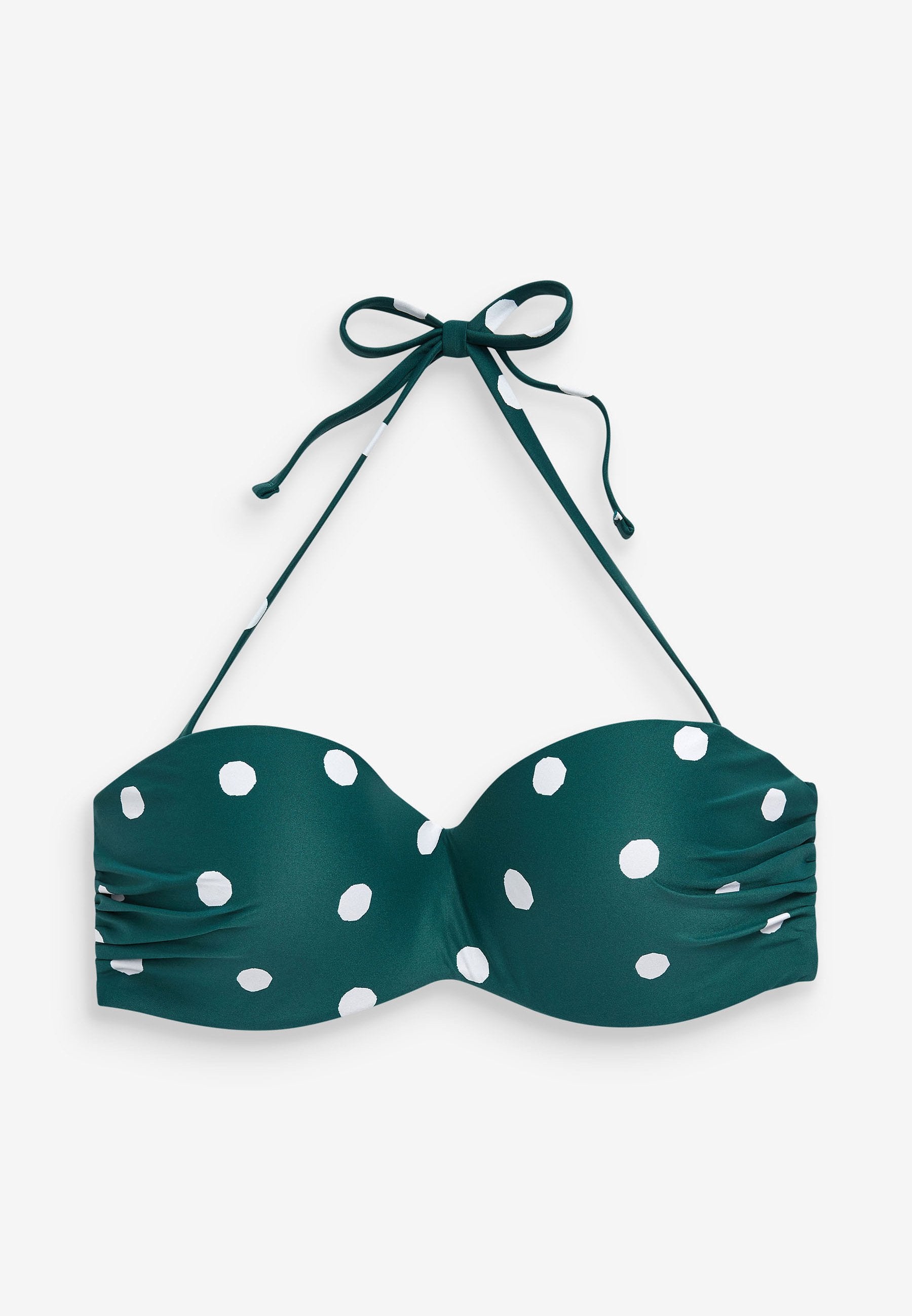 Grüner Bikini-Oberteil mit weißen Punkten, gepolsterten Cups und dekorativen Bindetragen. Verfügt über eine Raffung an den Seiten.