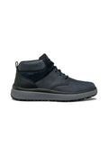 Dunkelblaue Knöchelboots aus einer Mischung von Leder und synthetischen Materialien, mit einer grauen Gummisohle und Schnürdesign.