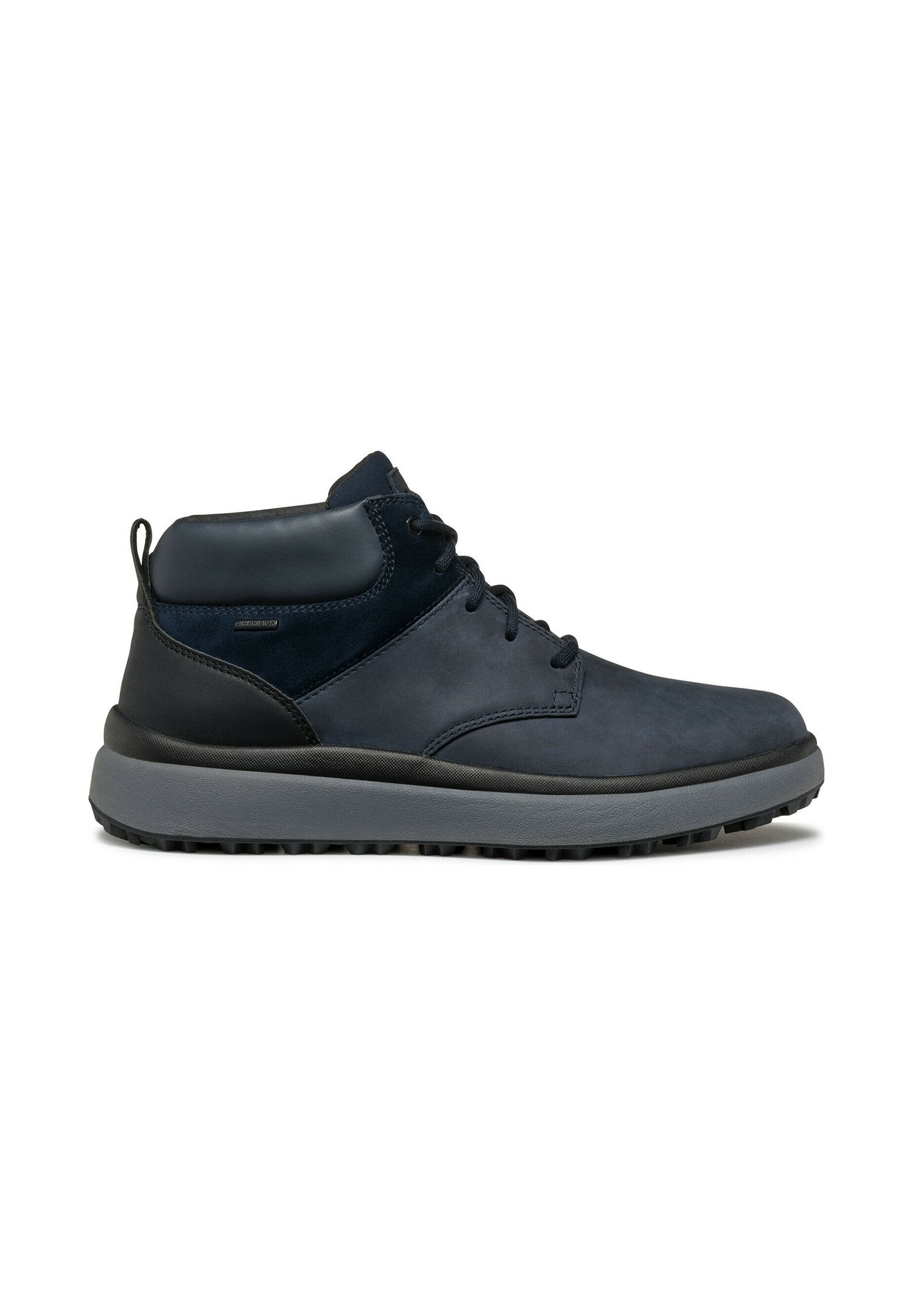 Dunkelblaue Knöchelboots aus einer Mischung von Leder und synthetischen Materialien, mit einer grauen Gummisohle und Schnürdesign.