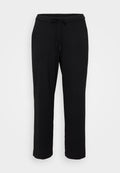 Schwarze Sweatpants mit lockerer Passform, elastischem Bund, verstellbarem Kordelzug und geradem Bein. Hergestellt aus weichem Stoff. Keine sichtbaren Muster.