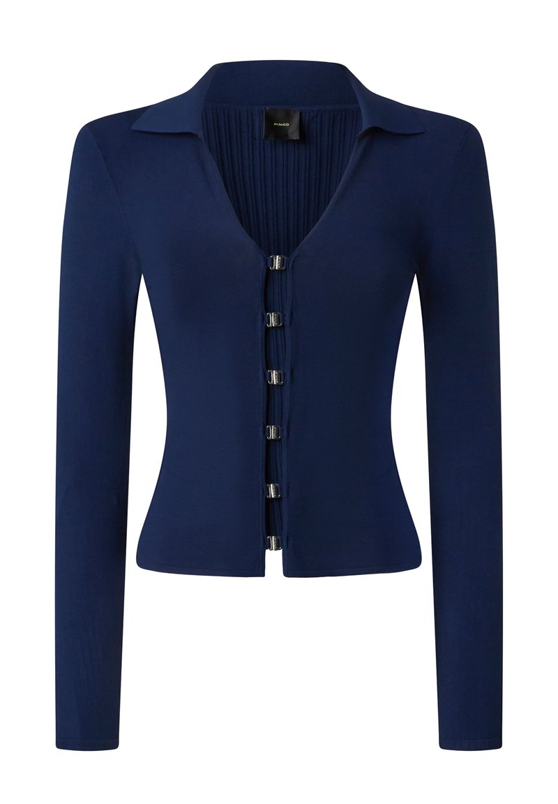 Marineblauer Langarm-Cardigan mit V-Ausschnitt, gerippter Textur und sechs metallischen Druckknöpfen in der Mitte vorne. Glatte Stoffoberfläche.