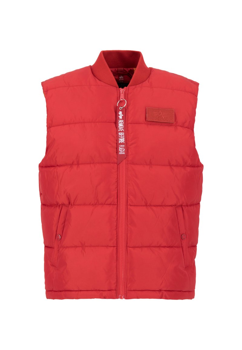 Rote Puffer-Weste mit einem Reißverschluss, Stehkragen, Seitentaschen und einem strukturierten Stoff. Verfügt über eine Markenkennzeichnung am Reißverschluss und im oberen Bereich.