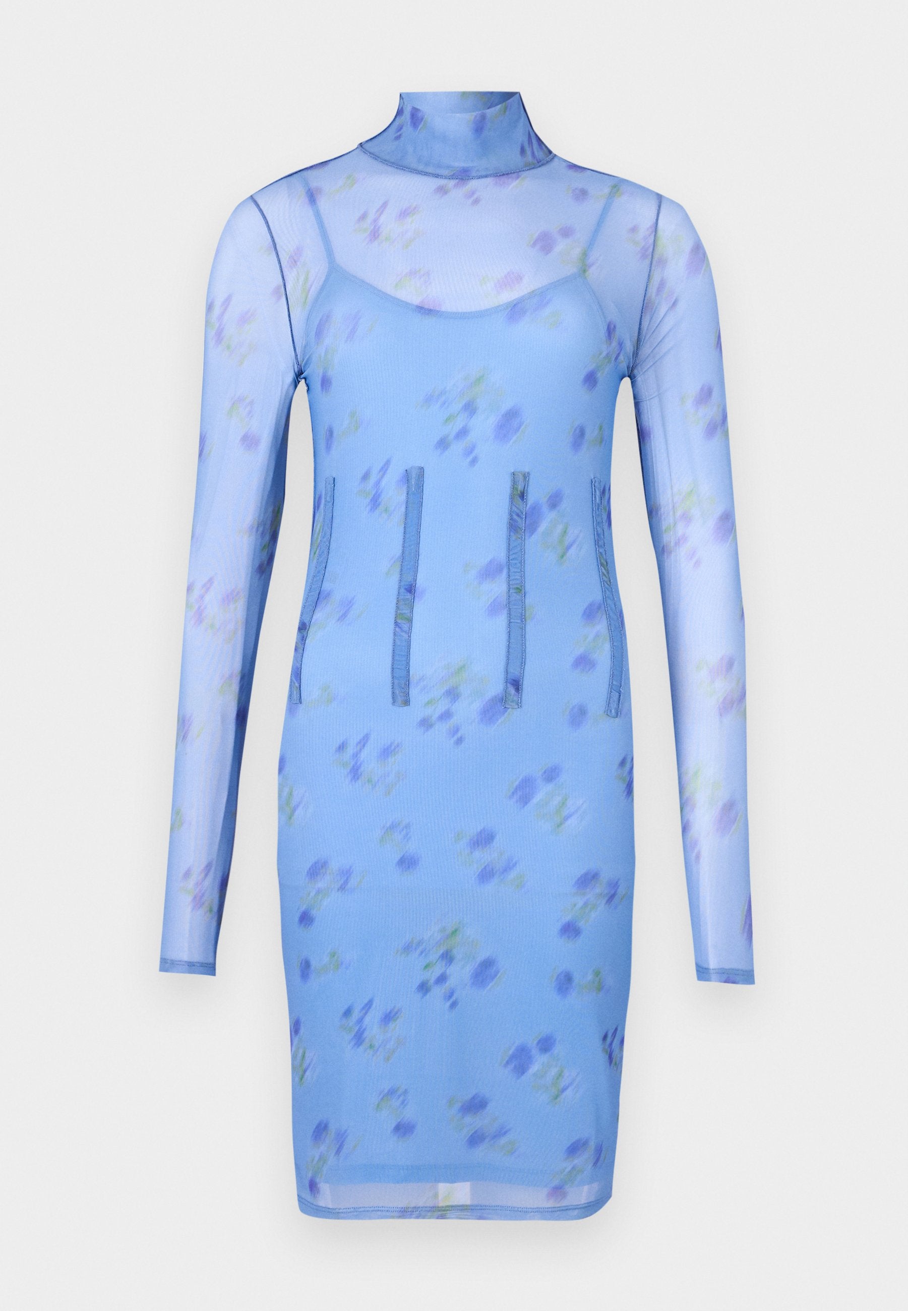 Blaues, blumiges Netzkleid mit langen Ärmeln, einem hohen Kragen und drei vertikalen Nähten für Designdetails. Es hat eine taillierte Silhouette.