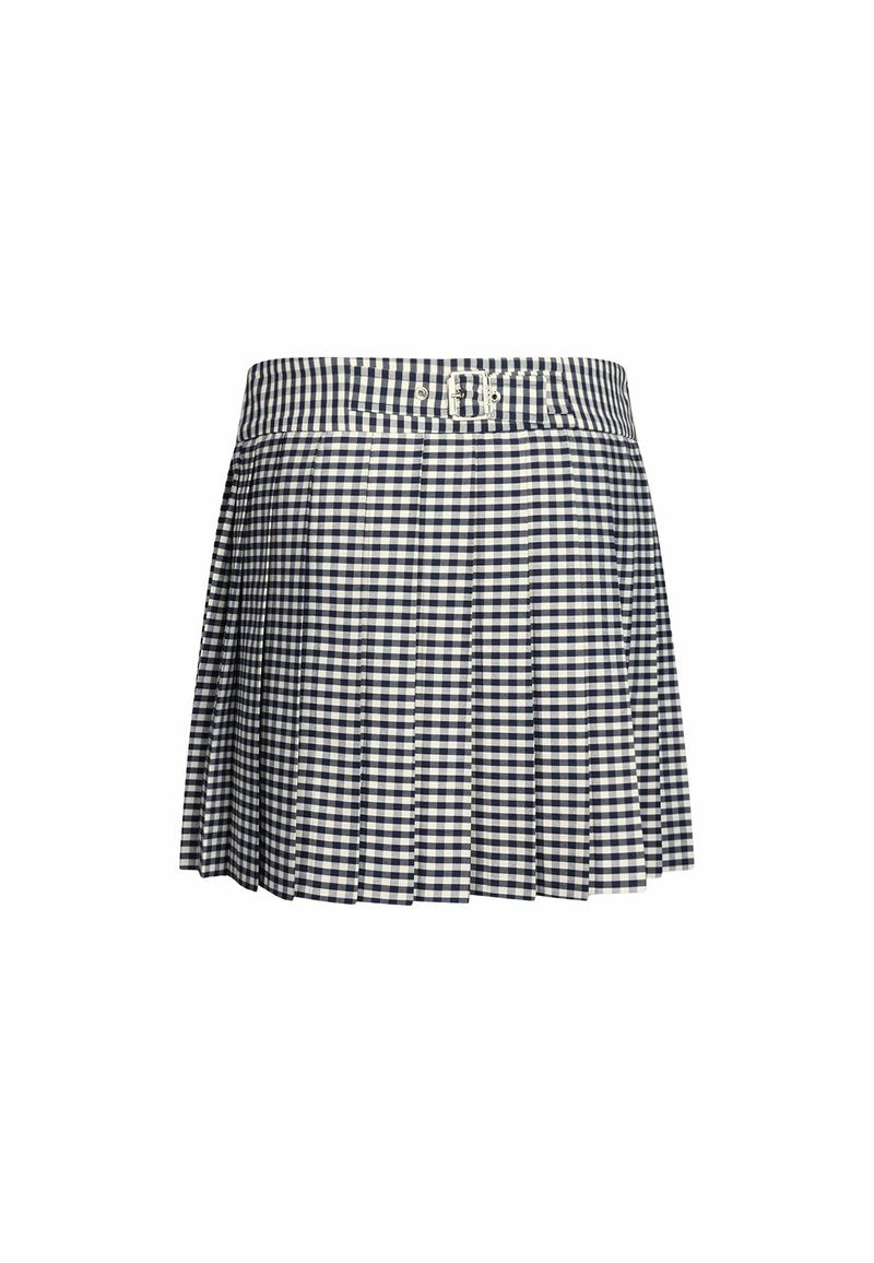 Rockblaue und weiße Gingham-Karo-Rock mit Falten, ausgestattet mit einem Bund mit Knopfverschluss. Hergestellt aus leichtem Stoff für zusätzlichen Komfort.