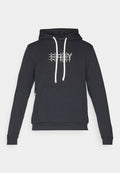 Dunkelgrauer Hoodie aus weichem Material, mit einem weißen Grafikdesign auf der Brust, einer Fronttasche und verstellbaren Kordeln.