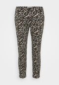 Schwarze und beige gemusterte Hose mit einem wellenförmigen Design. Verfügt über eine enge Passform und einen Knopfverschluss an der Taille. Hergestellt aus leichtem Stoff.