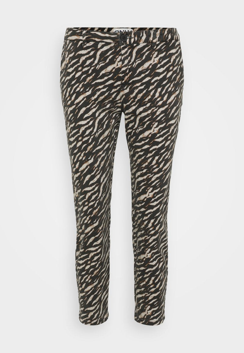Schwarze und beige gemusterte Hose mit einem wellenförmigen Design. Verfügt über eine enge Passform und einen Knopfverschluss an der Taille. Hergestellt aus leichtem Stoff.