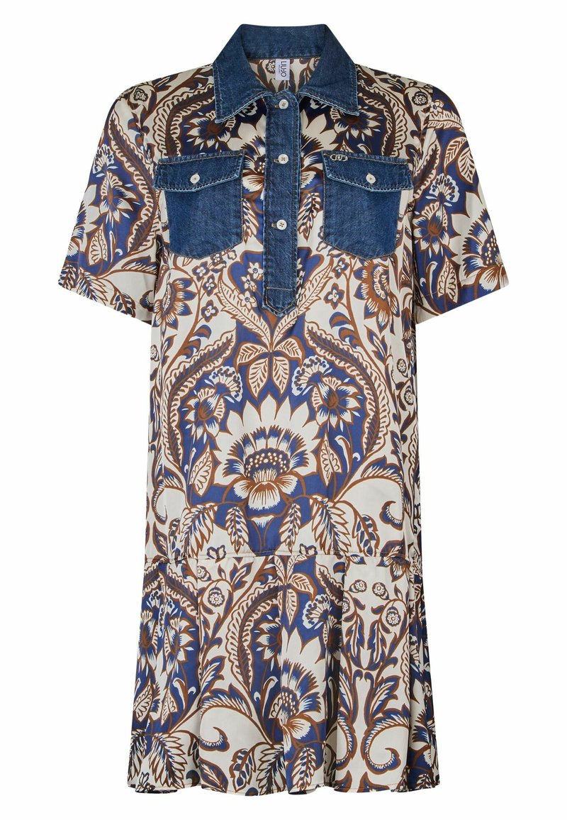 Kurzärmliges Kleid mit einem Denim-Kragen und Brusttaschen, das ein florales Muster in Blau-, Braun- und Cremetönen aufweist und einen lässigen Schnitt hat.