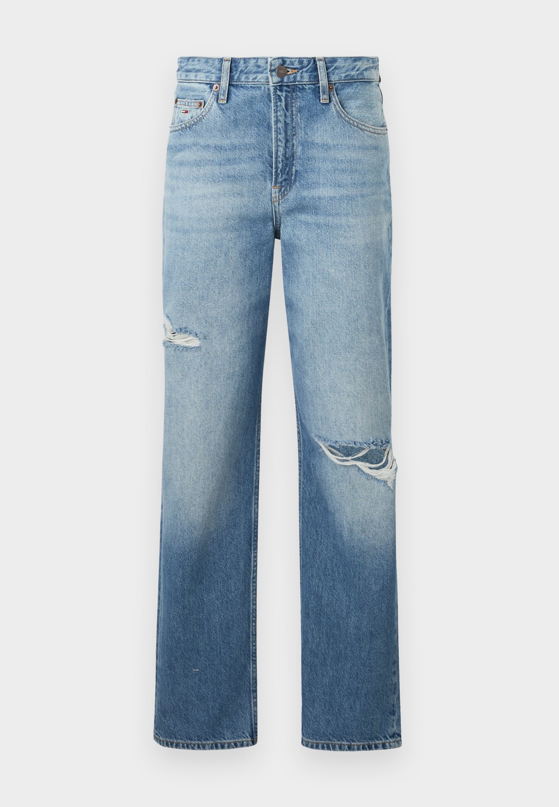Hellblaue Jeans im Straight-Leg-Schnitt mit ausgefransten Rissen, fünf Taschen und einem Knopfverschluss. Klassischer Schnitt mit verblasstem Finish.