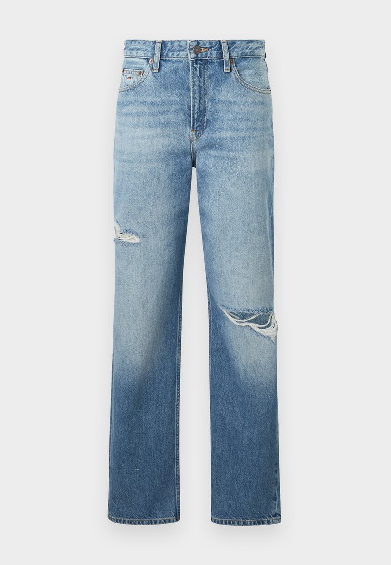 Hellblaue Jeans im Straight-Leg-Schnitt mit ausgefransten Rissen, fünf Taschen und einem Knopfverschluss. Klassischer Schnitt mit verblasstem Finish.