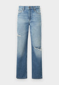 Hellblaue Jeans im Straight-Leg-Schnitt mit ausgefransten Rissen, fünf Taschen und einem Knopfverschluss. Klassischer Schnitt mit verblasstem Finish.