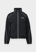 Schwarze Trainingsjacke mit Reißverschluss, weißen Kanten, hohem Kragen, elastischen Bündchen und "tommy jeans"-Logo auf der linken Brust.