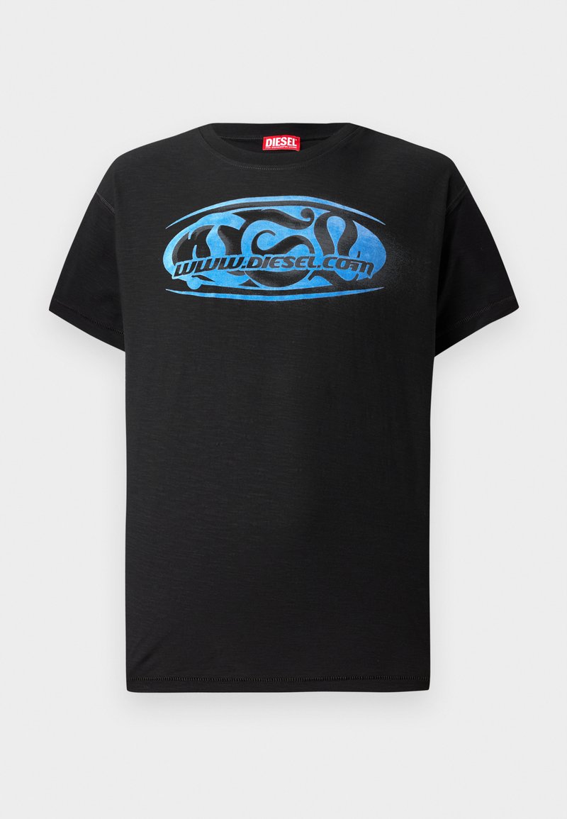 Schwarzes T-Shirt mit kurzen Ärmeln aus Baumwolle, das ein blaues Grafik-Logo-Design mit dem Text "www.diesel.com" auf der Front zeigt.
