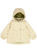 Hellgelbe Kapuzenjacke mit botanischem Blumenmuster, Knopfverschlüssen, elastischen Bündchen und grünem Fleece-Futter.
