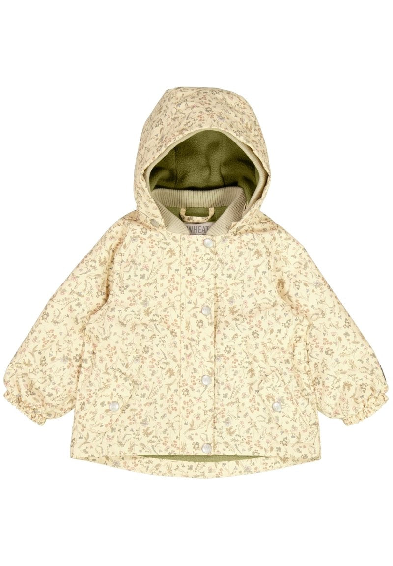 Hellgelbe Kapuzenjacke mit botanischem Blumenmuster, Knopfverschlüssen, elastischen Bündchen und grünem Fleece-Futter.