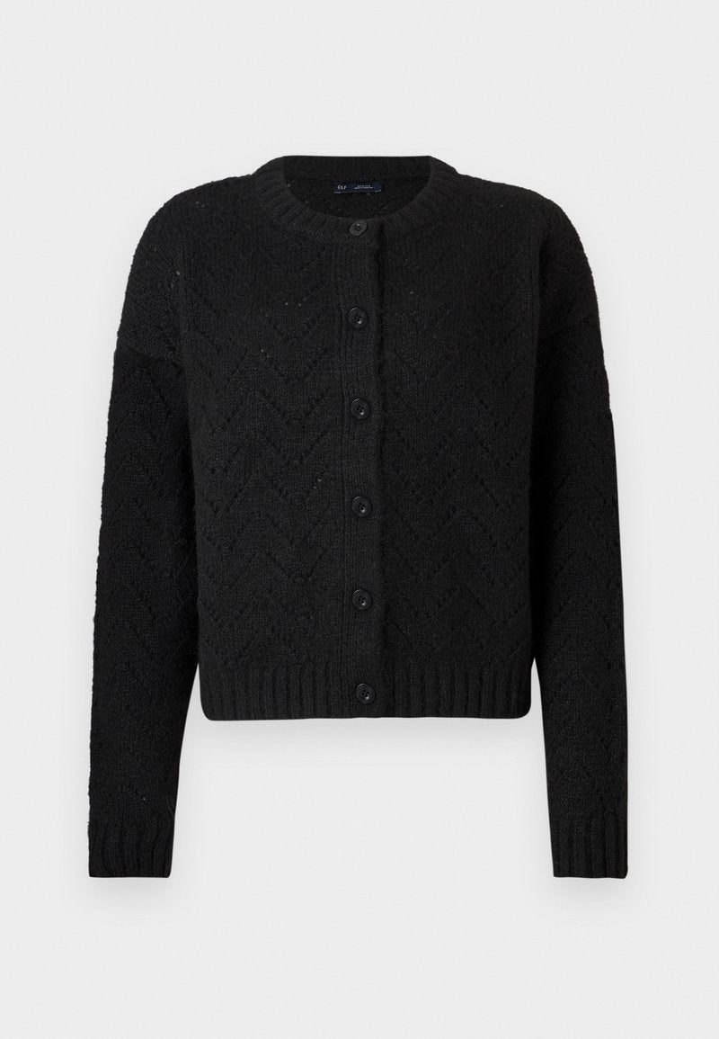 Schwarze, gestrickte Strickjacke mit strukturiertem Zickzackmuster, rundem Ausschnitt, Knopfverschluss und gerippten Bündchen und Saum. Schlichtes und klassisches Design.