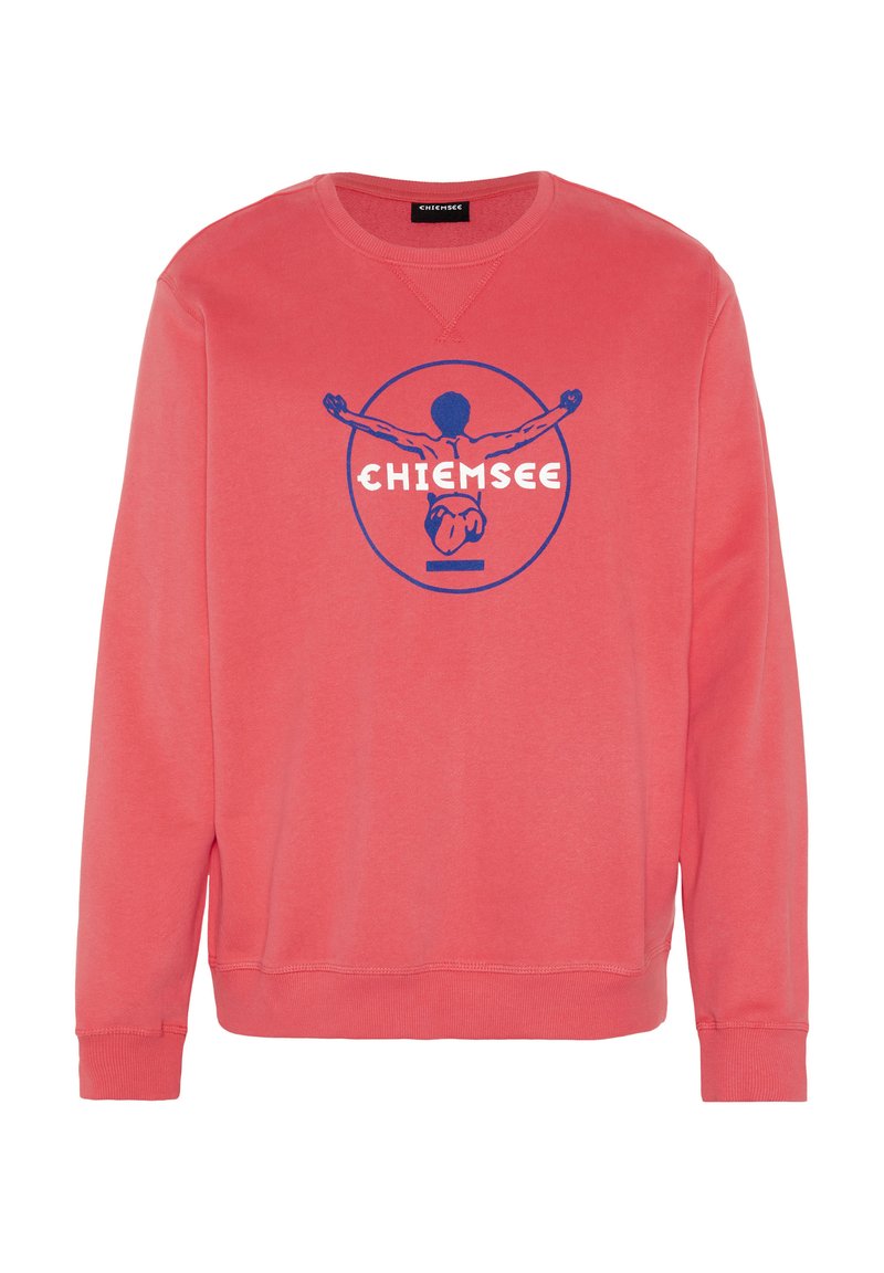 Korallrotes Sweatshirt aus weichem Stoff, mit Rundhalsausschnitt und langen Ärmeln. Zeigt ein blaues Motiv einer Figur und den Schriftzug "CHIEMSEE".