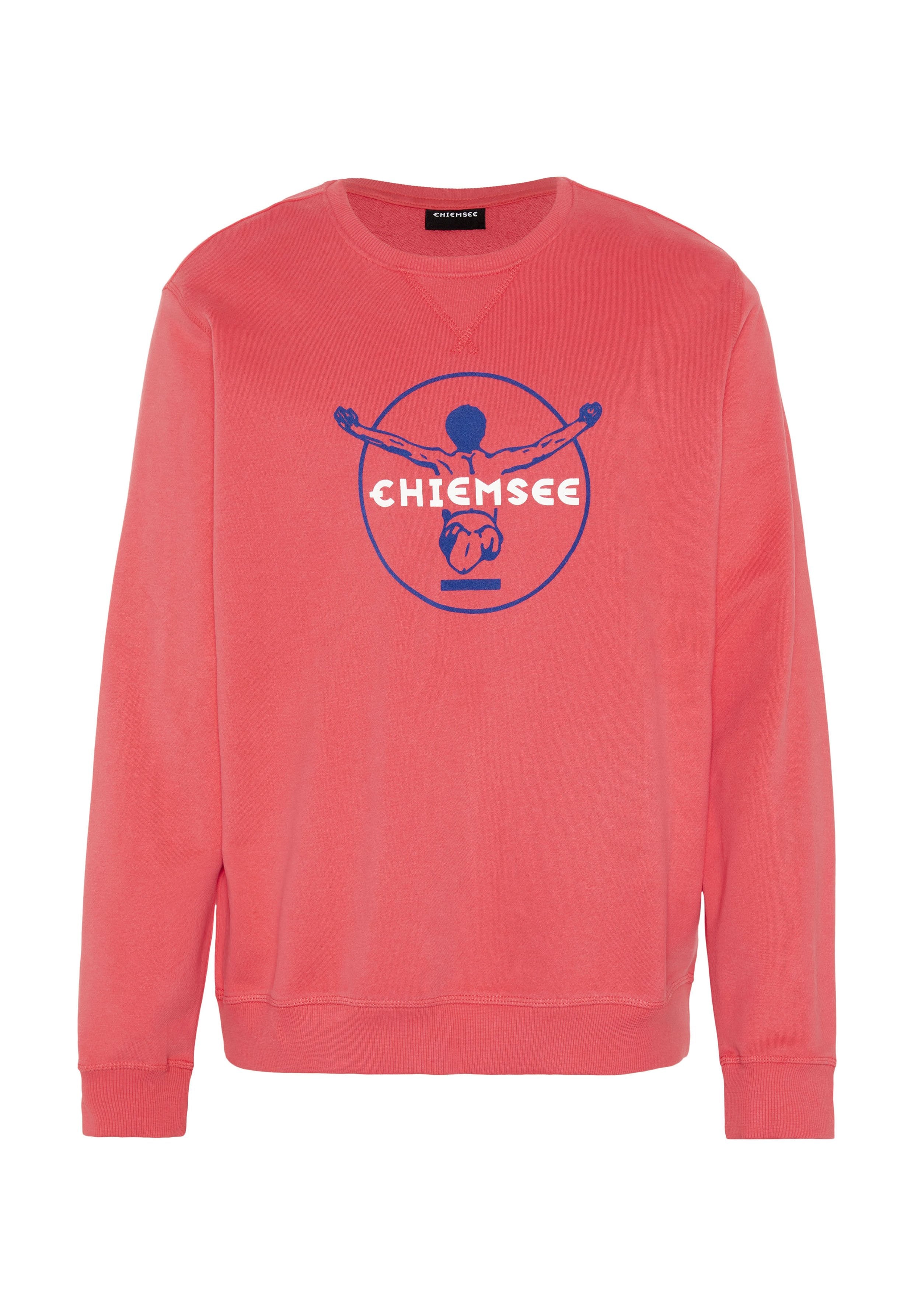 Korallrotes Sweatshirt aus weichem Stoff, mit Rundhalsausschnitt und langen Ärmeln. Zeigt ein blaues Motiv einer Figur und den Schriftzug "CHIEMSEE".