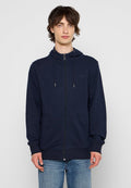 Dunkelblauer Zip-Hoodie aus weichem Stoff, mit einer Kapuze mit Kordelzug, Fronttaschen und gerippten Bündchen und Saum für einen sicheren Sitz.