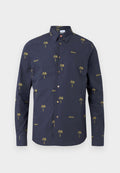 Navy-Button-Up-Hemd aus Baumwolle mit gelber Stickerei von Palmen und dem Wort "DREAM" in einem sich wiederholenden Muster. Klassischer Kragen und Manschetten.