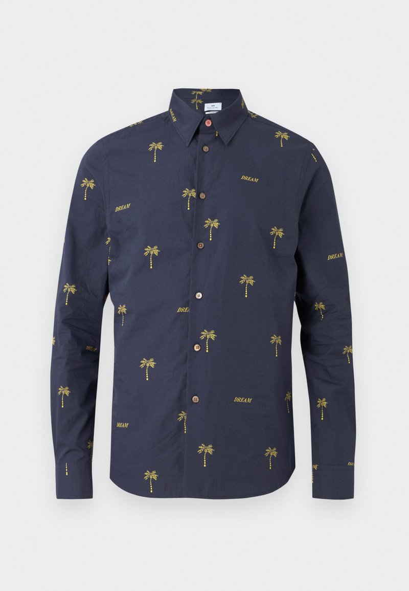 Navy-Button-Up-Hemd aus Baumwolle mit gelber Stickerei von Palmen und dem Wort "DREAM" in einem sich wiederholenden Muster. Klassischer Kragen und Manschetten.