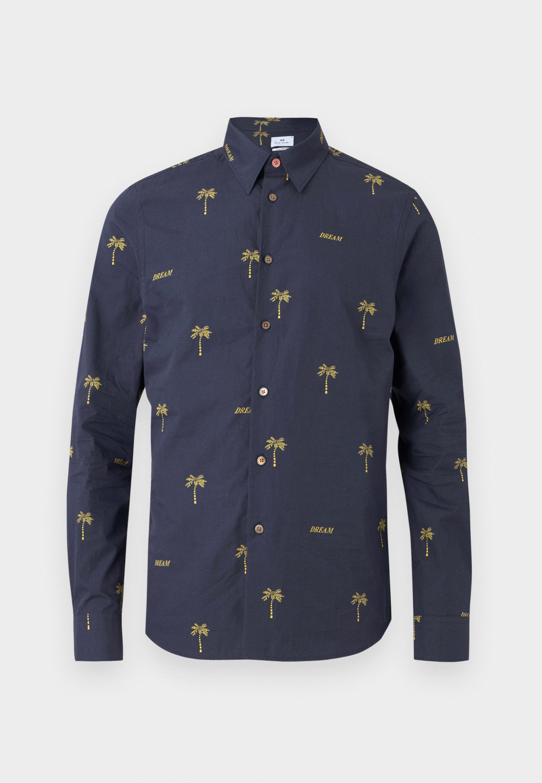 Navy-Button-Up-Hemd aus Baumwolle mit gelber Stickerei von Palmen und dem Wort "DREAM" in einem sich wiederholenden Muster. Klassischer Kragen und Manschetten.