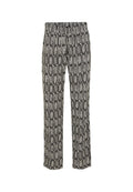 Schwarz-weiße Hose mit einem rechteckigen Gittermuster und einem elastischen Bund, flach vor einem weißen Hintergrund dargestellt.