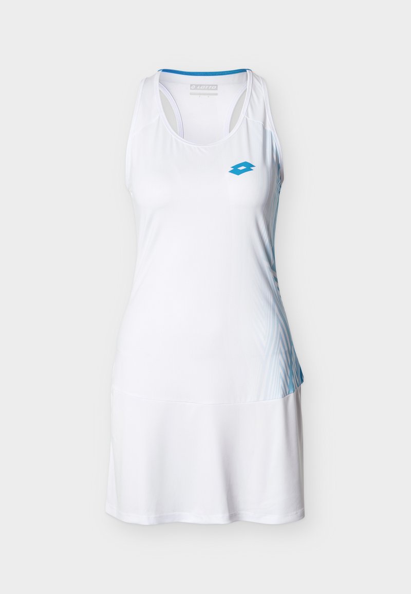 Weißes ärmelloses Sportkleid mit blauem Logo auf der Brust und dezenten hellblauen Verlaufstreifen auf der rechten Seite.