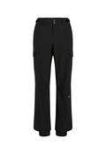 Schwarze Cargo-Hosen aus leichtem Material; verfügen über zwei Fronttaschen, zwei seitliche Cargo-Taschen und elastische Bündchen an den Knöcheln.