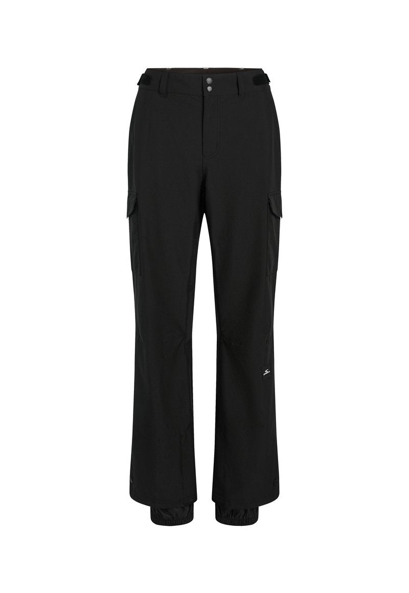 Schwarze Cargo-Hosen aus leichtem Material; verfügen über zwei Fronttaschen, zwei seitliche Cargo-Taschen und elastische Bündchen an den Knöcheln.