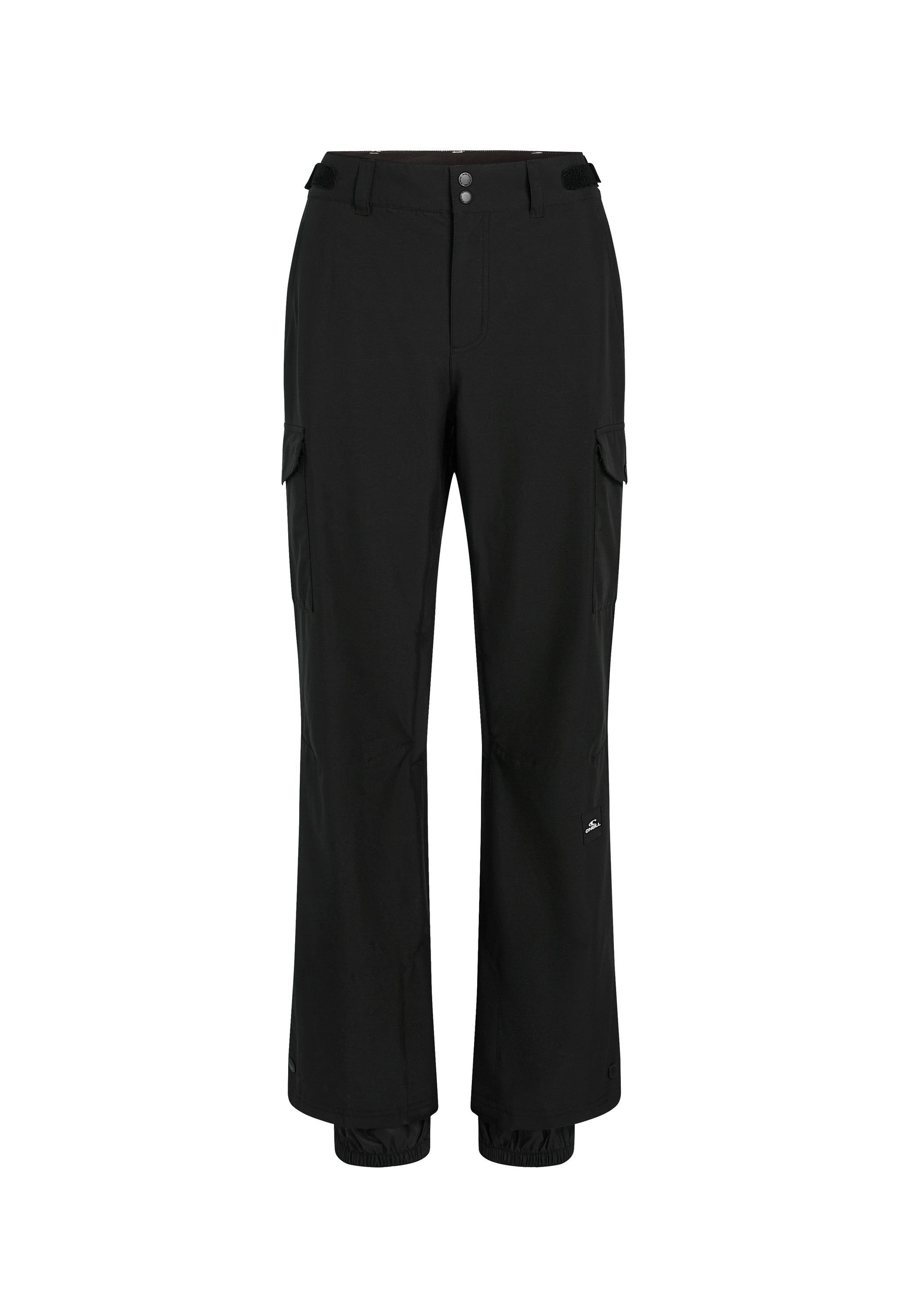 Schwarze Cargo-Hosen aus leichtem Material; verfügen über zwei Fronttaschen, zwei seitliche Cargo-Taschen und elastische Bündchen an den Knöcheln.