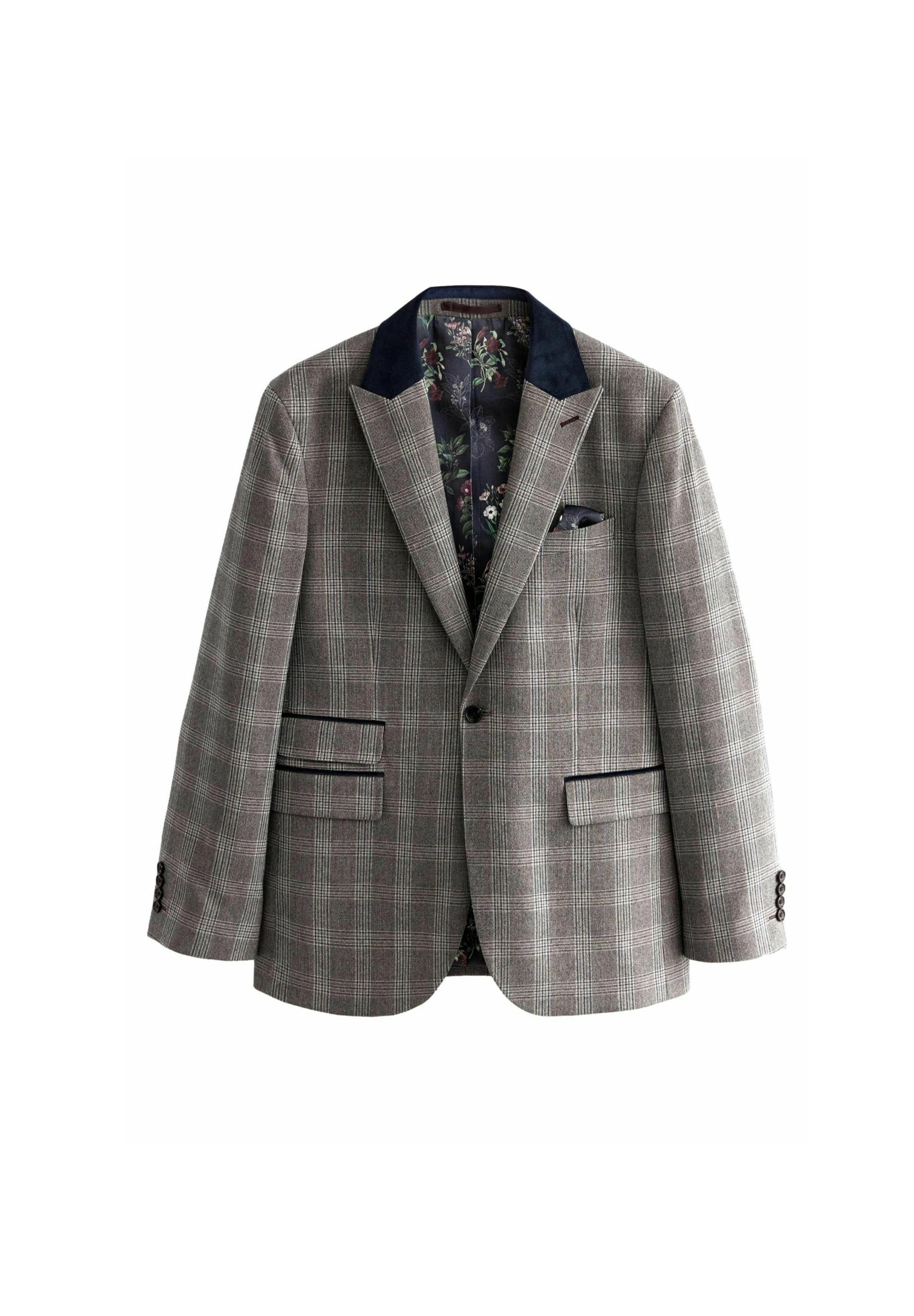 Karierter Blazer in Grautönen mit einem Kragen aus Navy-Samt. Verfügt über zwei aufgesetzte Taschen, eine Knopfverschluss und ein Futter mit floralem Muster. Strukturierter Stoff.