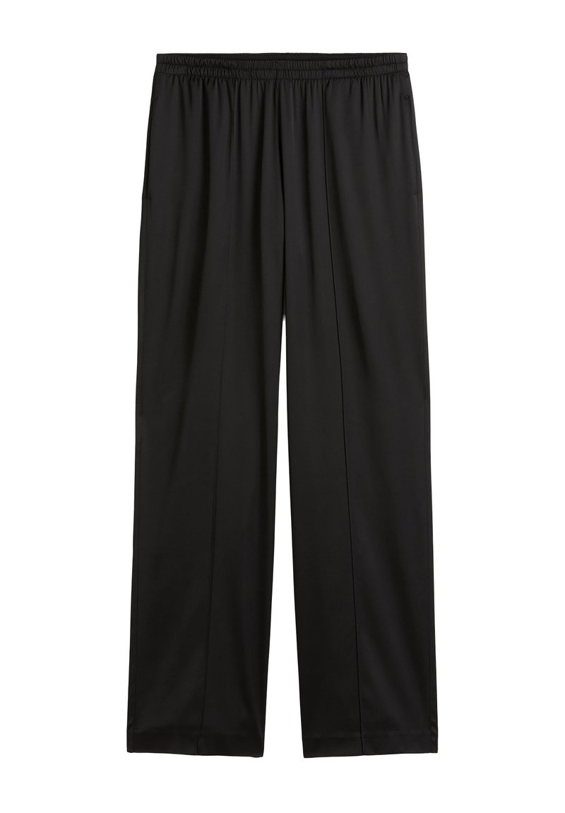 Schwarz, locker sitzende Hose mit elastischem Bund, ausgestattet mit seitlichen Taschen und einer glatten Textur. Einfaches Design ohne sichtbare Muster.