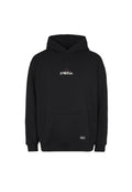 Schwarzer Kapuzenpullover aus weichem Stoff, mit einer Kängurutasche, gerippten Bündchen und einem kleinen Logo auf der Brust mit einer Sonnengrafik.