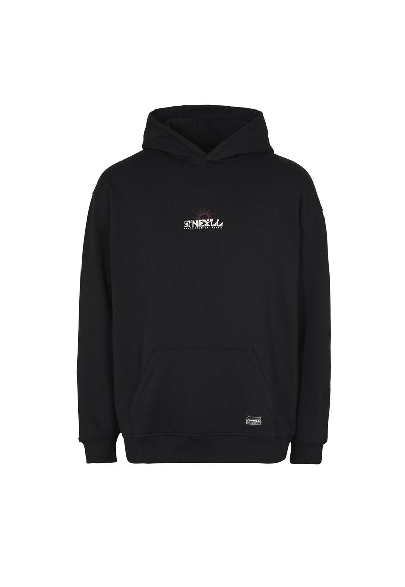 Schwarzer Kapuzenpullover aus weichem Stoff, mit einer Kängurutasche, gerippten Bündchen und einem kleinen Logo auf der Brust mit einer Sonnengrafik.