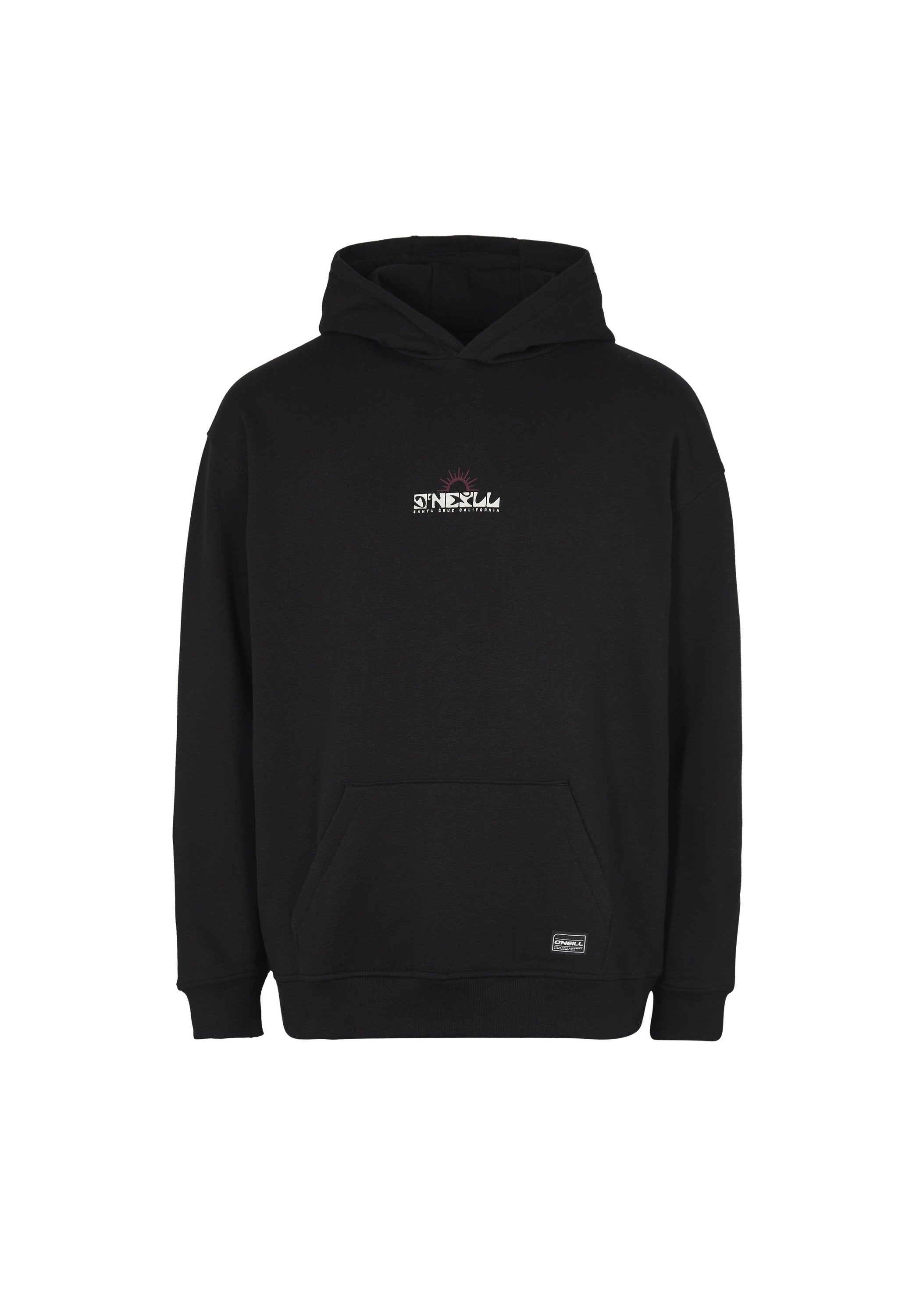Schwarzer Kapuzenpullover aus weichem Stoff, mit einer Kängurutasche, gerippten Bündchen und einem kleinen Logo auf der Brust mit einer Sonnengrafik.