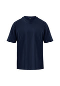 Marineblaue kurzärmelige Baumwoll-T-Shirt mit Rundhalsausschnitt. Glatte Textur, lockere Passform und keine sichtbaren Muster oder Akzente.