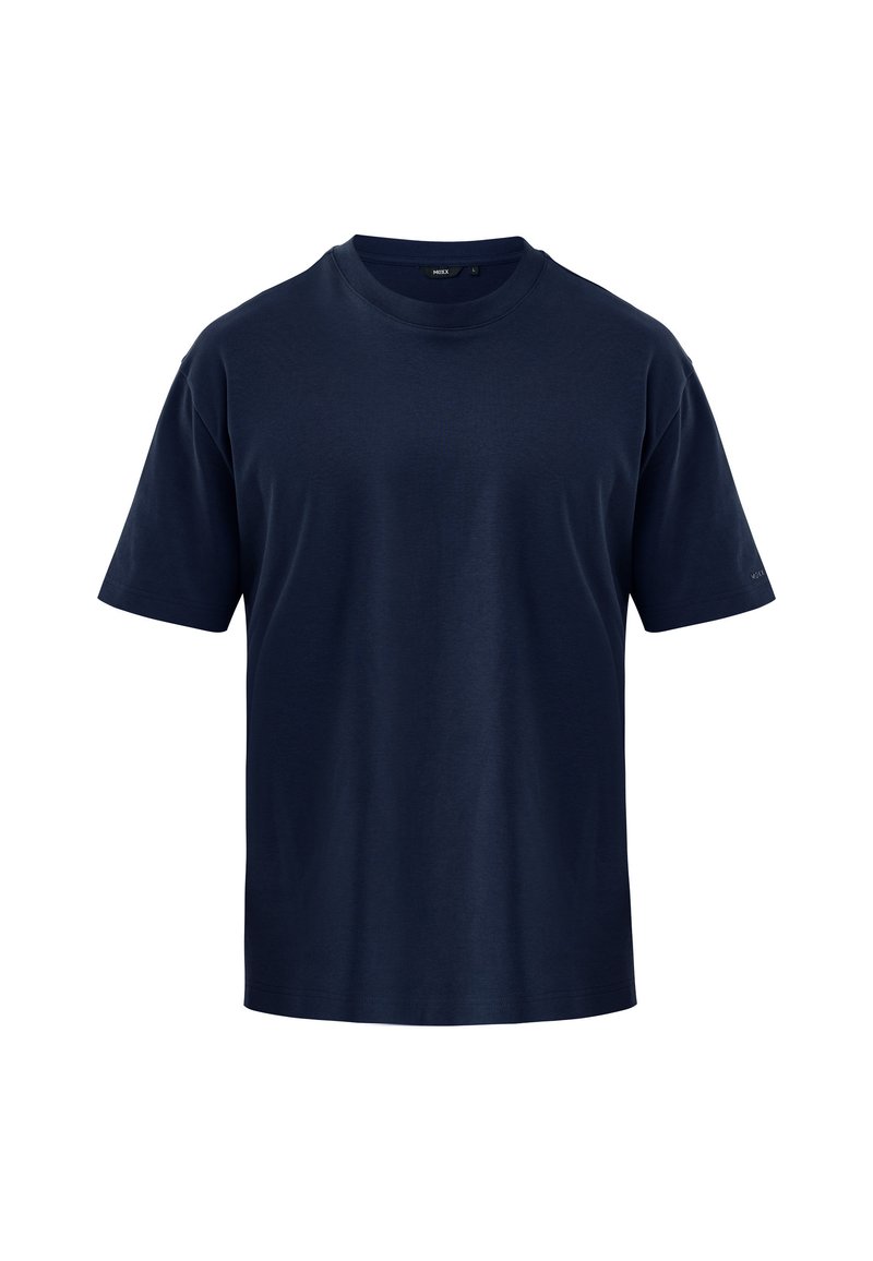 Marineblaue kurzärmelige Baumwoll-T-Shirt mit Rundhalsausschnitt. Glatte Textur, lockere Passform und keine sichtbaren Muster oder Akzente.